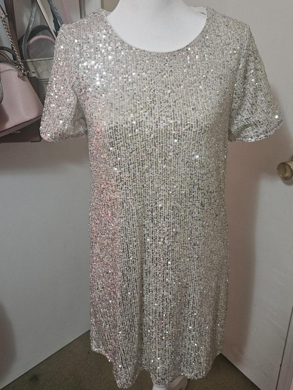 CeCe Silver Sequin Short Sleeve Mini Dress